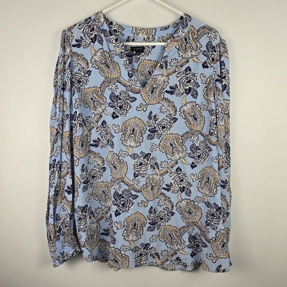 Talbots Smocked Cuff Popver -Medallion Rose V-Neck Long Sleeve Blouse Size XL - Picture 2 of 14